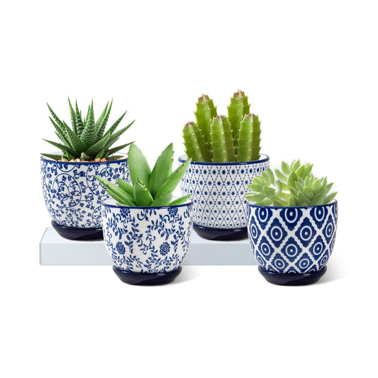 Cerkik Ceramic Succulent Planter Pots - 3.5 Inch Small Flower Pot with Drainage Holes and Saucers for Indoor Plant, Cactus, Herbs, Outdoor Plants, Home Decor, Set of 4, Vintage Blue