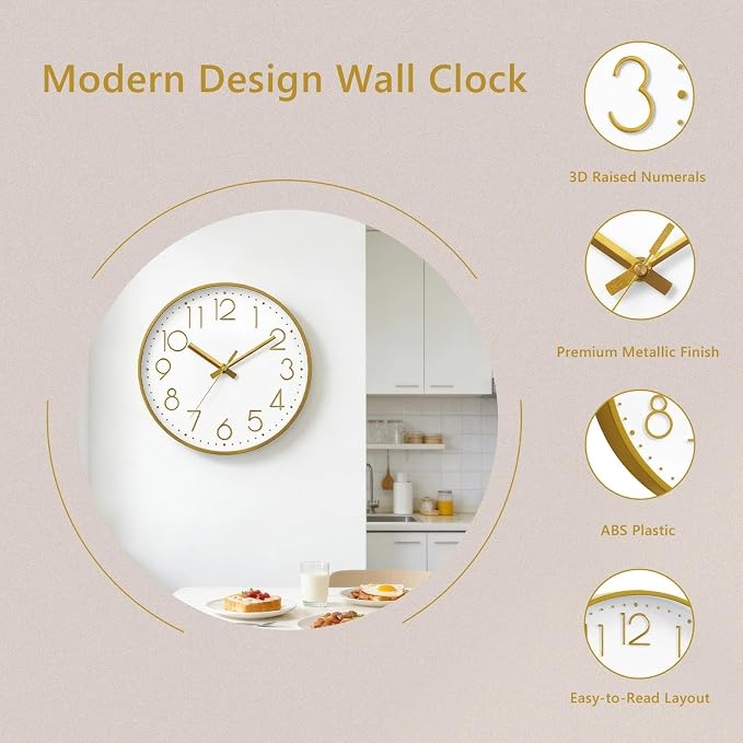 DAXSMY Wall Clock - 14 Inch Silent Non-Ticking Modern 3D Wall Clocks Battery Operated - Decorative Clock for Kitchen, Home Office, Bathroom, Bedroom, Living Room(Gold)