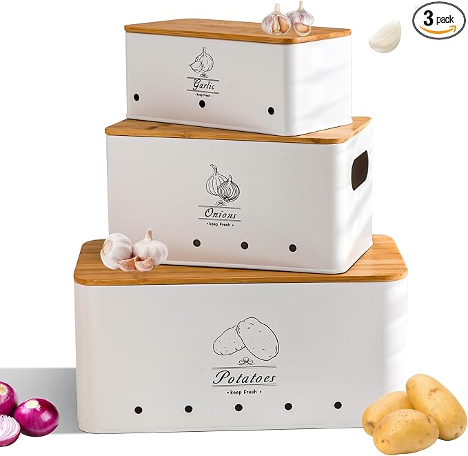 Metal Potato Onion and Garlic Storage Tin Set of 3, White Kitchen Vegetable Canisters with Bamboo Lid and Aerating Holes, Stackable Kitchen Keeper Storage for Countertop Pantry