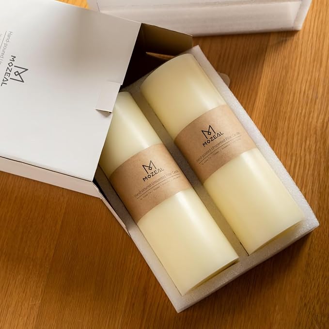 MOZEAL 4" x 12" Extra-Large White Pillar Candles (Set of 2), Unscented,Dripless, Smokeless,Long Clean-Burning,These Tall 12 inch Large White Pillar Candles Perfect for Weddings and Christmas Decor