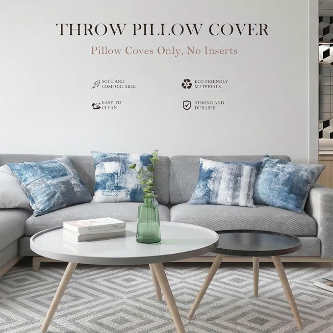 Set of 4 Blue and Grey Abstract Art Artwork Pillow Cover 20 x 20 Inch, Gallery Modern Decorative Throw Pillows Cushion Cover for Bedroom Sofa Living Room