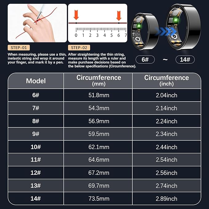 Smart Health Ring for Women Men, Fitness Tracker Ring with Heart Rate, Blood Oxygen, Sleep Tracker, Step Tracker, No Subscription Fee, IP68 Waterproof Smart Ring for iPhone & Android (Black, 11#)