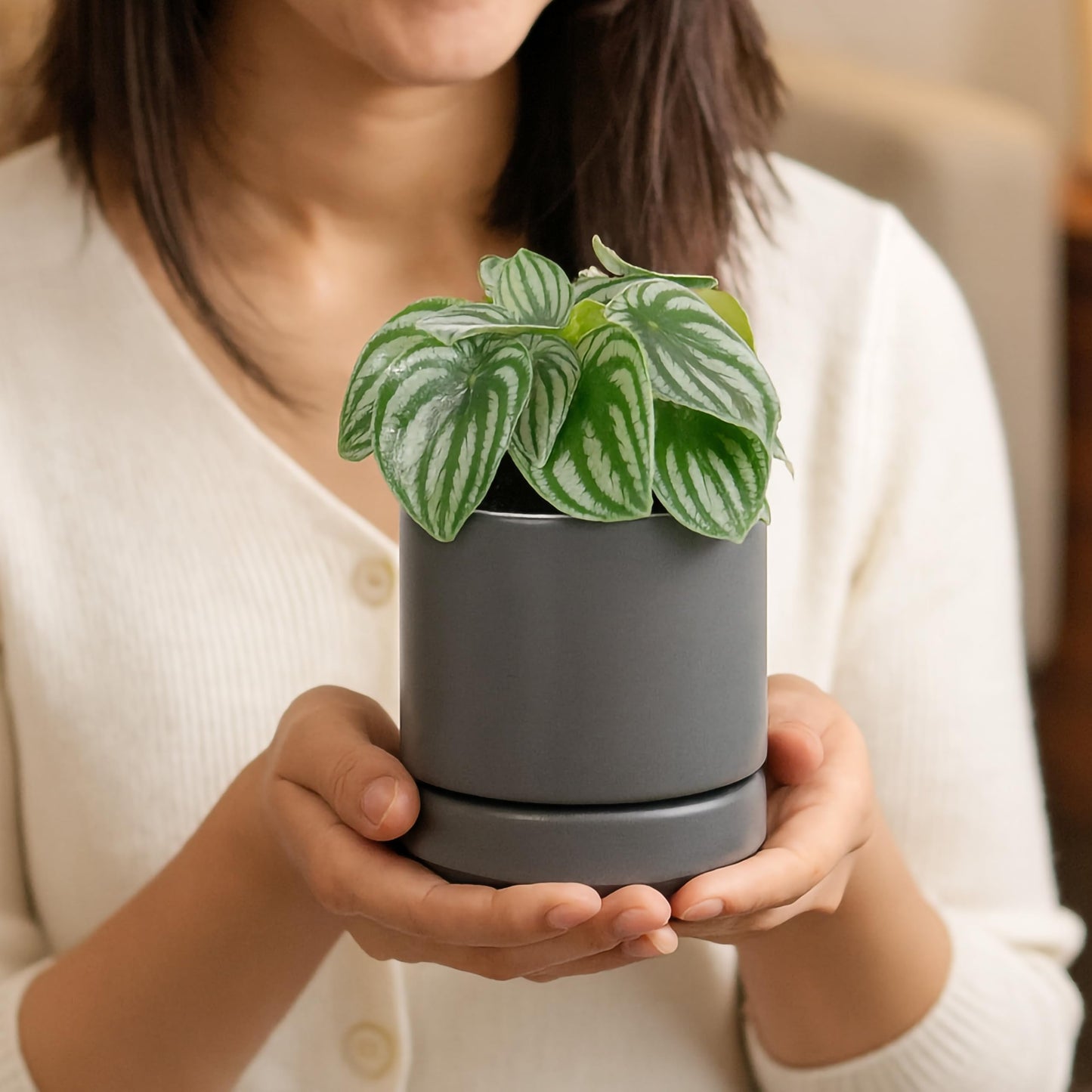 D'vine Dev Set of 2 Plants Pots, 4.7 Inch Ceramic Planter Pot for Plants with Drainage Hole and Saucer, Speckled Grey, 94-V-B-3