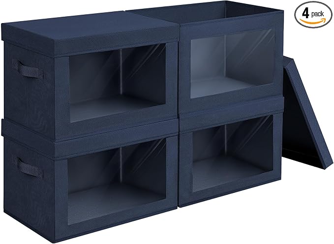 Homsorout Organizing Bins with Lid - 4 Pack Foldable Clear Window Storage Bins, Large Storage Boxes with Handles, Storage Containers for Clothes, Towel, Blanket, Sheet, Navy Blue