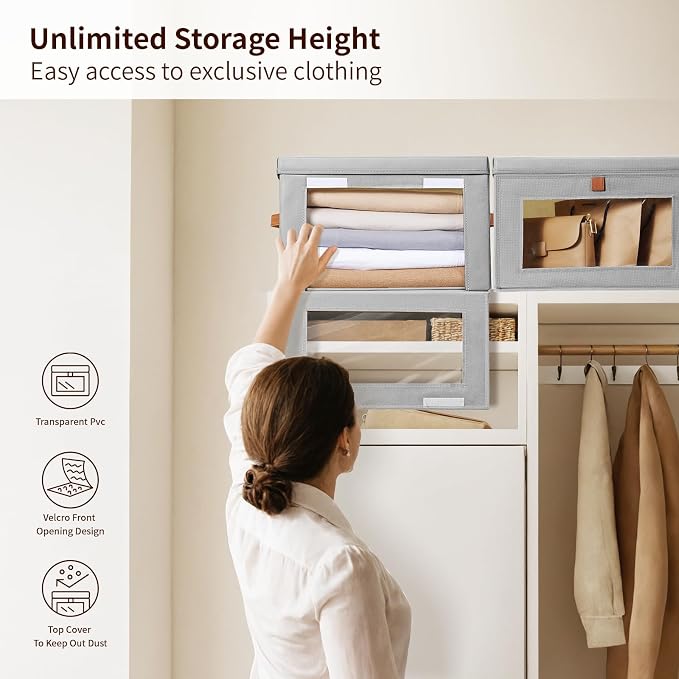 Homsorout Medium Fabric Storage bins - Collapsible Storage Bins with Open Window, 6 Pack Closet Baskets for Shelves, Stackable Decorative Boxes for Home, Dorm, Grey, 13.7"x 9.8" x 9.8"