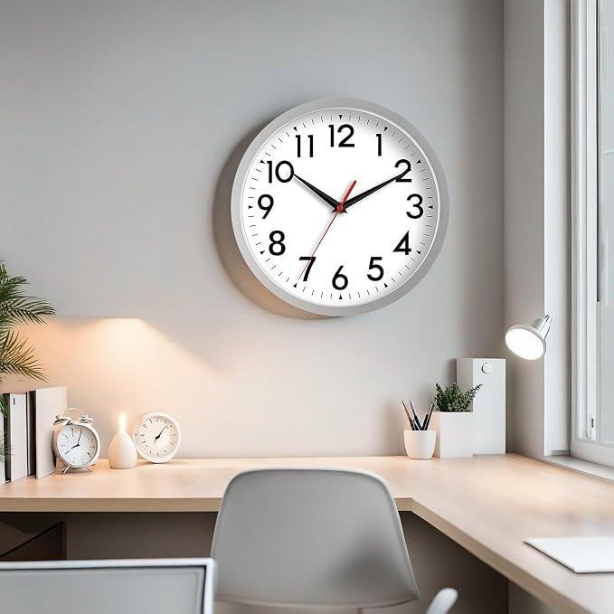 DAXSMY Wall Clock Modern Battery Operated 10 Inch Simpel Silent Non Ticking Decorative for Kitchen Office Outdoor Bedroom Living Room School Classroom(Silver)
