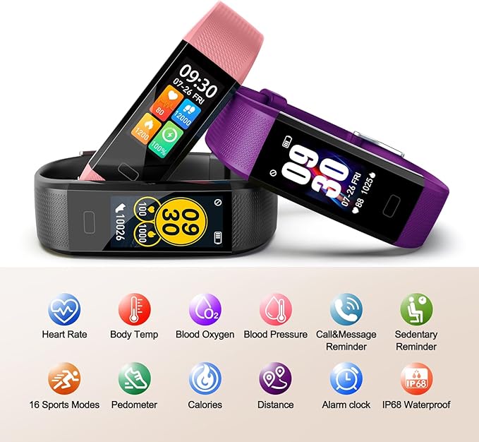 ENGERWALL Fitness Tracker with Step Counter/Calories/Stopwatch, Activity Tracker with Heart Rate Monitor, IP68, Health Tracker with Sleep Tracker, Smartwatch, Pedometer Watch for Women Men Kids