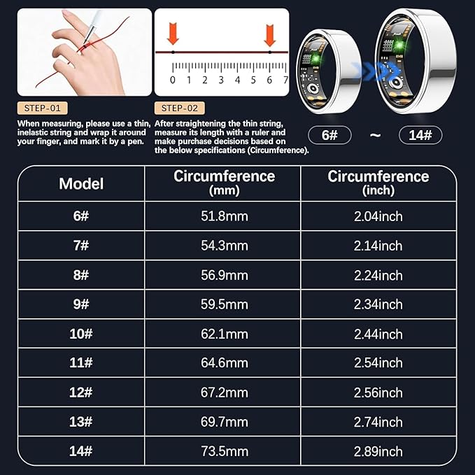 Ring Health Tracker for Women Men, Fit Ring with Heart Rate, Blood Oxygen, Sleep Monitor, Calories, Step Counter, IP68 Waterproof Smart Ring for iPhone & Android, No Subscription Fee (Silver, 14#)