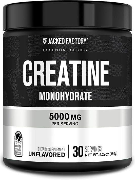 Jacked Factory Creatine Monohydrate Powder 150g - 5g Daily Creatine Supplement for Men and Women, Vegan-Friendly, Third-Party Tested - 30 Servings, Unflavored