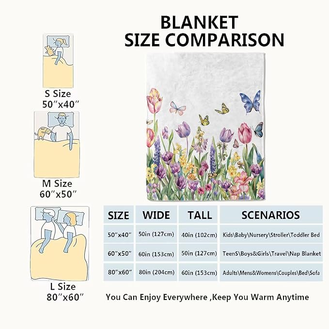 Spring Tulip Flower Blanket Cute Floral Throw Blankets with Colorful Butterfly,Birthday Gifts for Girls Women & Nature Lovers,Lightweight Soft Fleece,for Sofa Couch Bed Room Decor 60x80in
