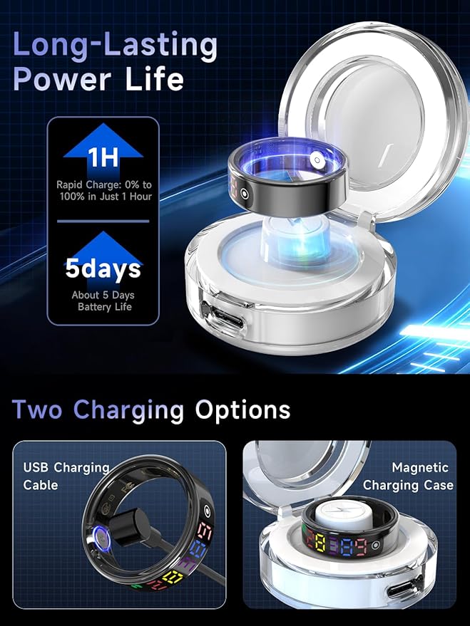 Smart Ring for Women Men, Health Ring with Colorful Display, Fitness Tracker with Heart Rate, Blood Oxygen, Sleep Monitor, No Subscription Fee, 5ATM Waterproof for iPhone & Android (Silver, 12)