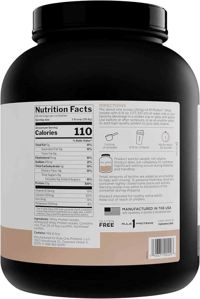 Rule 1 Naturally Flavored R1 Protein Whey Isolate - Clean Formula with 25g Protein & 6g BCAA Exclusively Isolated & Hydrolyzed Sources for Workout Recovery (4.3 Pounds*, Unflavored)