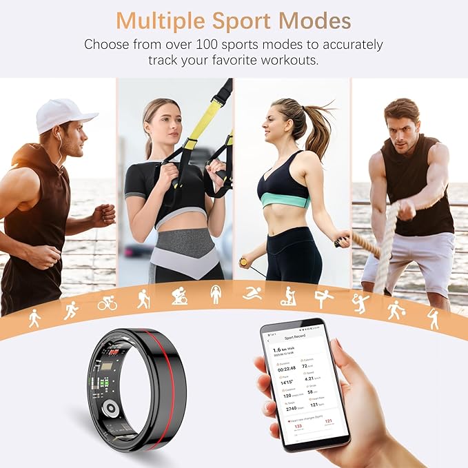 Fit Ring, Smart Health Rings for Women Men with Heart Rate,Blood Oxygen,HRV,Stress Level, Sleep Monitor, Step Tracker, No Subscription Fee, IP68 Waterproof Smart Ring for iphone &Android (Black, 11#)
