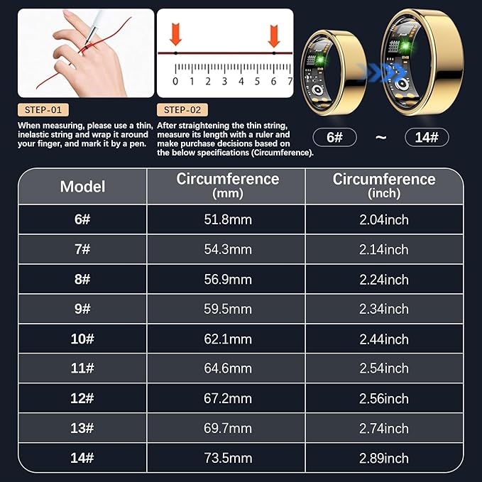 Smart Health Ring for Women Men, Fitness Tracker Ring with Heart Rate, Blood Oxygen, Sleep Tracker, Step Tracker, No Subscription Fee, IP68 Waterproof Smart Ring for iPhone & Android (Gold, 9#)