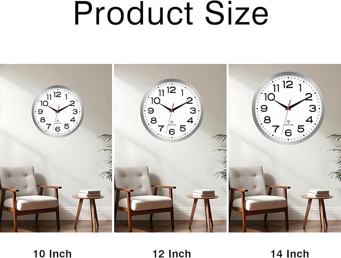 Roymnie Atomic Wall Clock 12 Inch, Modern Clock Battery Operated Classic Analog Decorative for Kitchen, Living Room, Office, Bedroom, Bathroom (Silver)