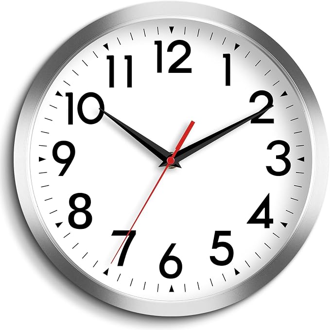 DAXSMY Wall Clock Modern Battery Operated 10 Inch Simpel Silent Non Ticking Decorative for Kitchen Office Outdoor Bedroom Living Room School Classroom(Silver)