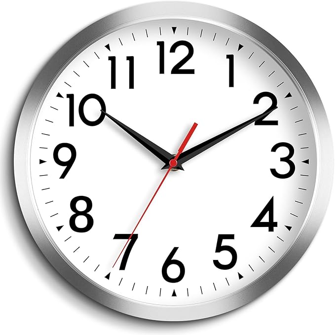 DAXSMY 12 Inch Wall Clock Battery Operated Silent Non Ticking Analog Modern Decorative for Office Kitchen Outdoor Living Room Classroom Bedroom Bathroom School(Silver)