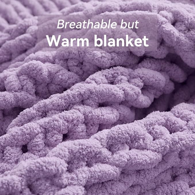 Negwoo Chunky Knit Throw Blanket, 60''*80'' Knitted Throw Chenille Yarn for Bed Couch, Handmade Light Purple Crochet Big Thick Blanket, Machine Washable Cute Comfy Blanket for Home Decor