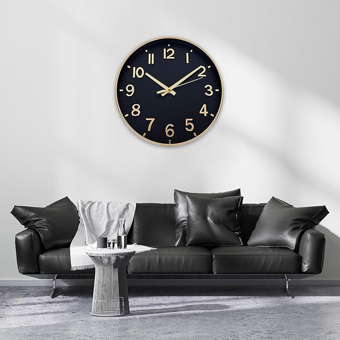 HZDHCLH Wall Clocks Battery Operated,Wall Clock Black Gold,14 inch Wall Clock Silent Non Ticking Modern 3D Numbers for Kitchen Bedroom Living Room Office Classroom Decor