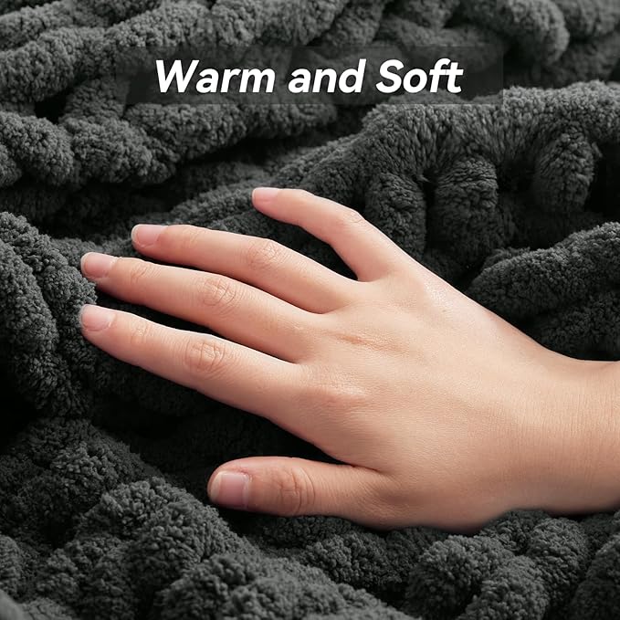 Negwoo Chunky Knit Throw Blanket, 80''*90'' Knitted Throw Chenille Yarn for Bed Couch, Handmade Dark Grey Crochet Big Thick Blanket, Machine Washable Cute Comfy Blanket for Home Decor
