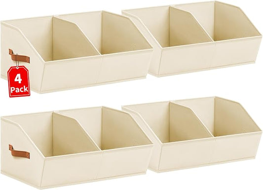 Homsorout Closet Organizers and Storage Bins - 4 Pack Collapsible Divided Trapezoidal Cube Storage Bins Baskets with Orange Handle for Organizing Clothes Blankets, Toys, Books, Towels(Beige)