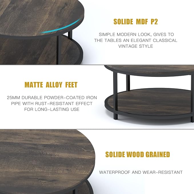 NSdirect 36 inches Round Coffee Table, Rustic Wooden Surface Top & Sturdy Metal Legs Industrial Sofa Table for Living Room Modern Design Home Furniture with Storage Open Shelf(Rustic Brown)
