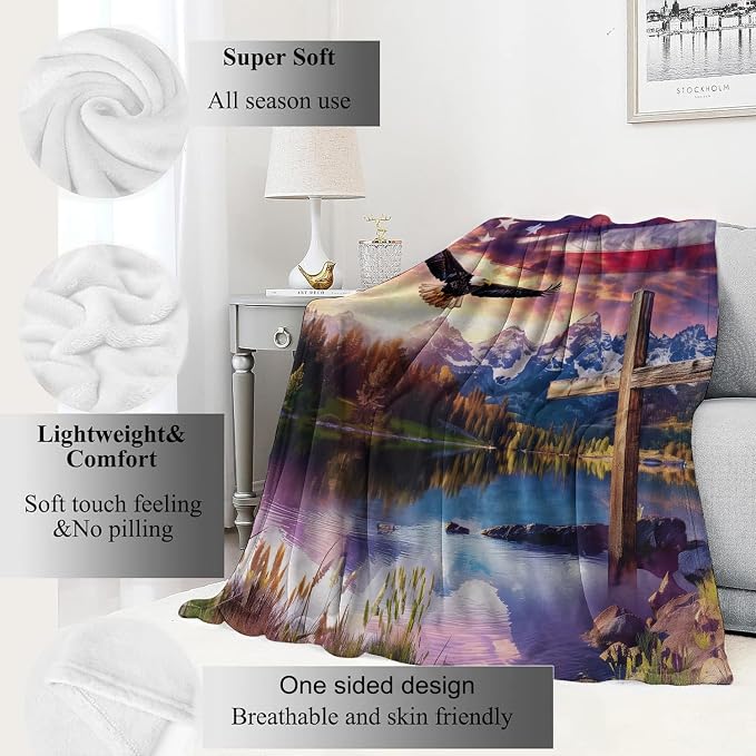 Spirit of Freedom Majestic Eagle Blanket,American Flag Cross Patriotic Throw Blankets,Gifts for Adults,Lightweight Soft Fleece,for Sofa Couch Bed Room Travel,Birthday Christian Decor,50x60in