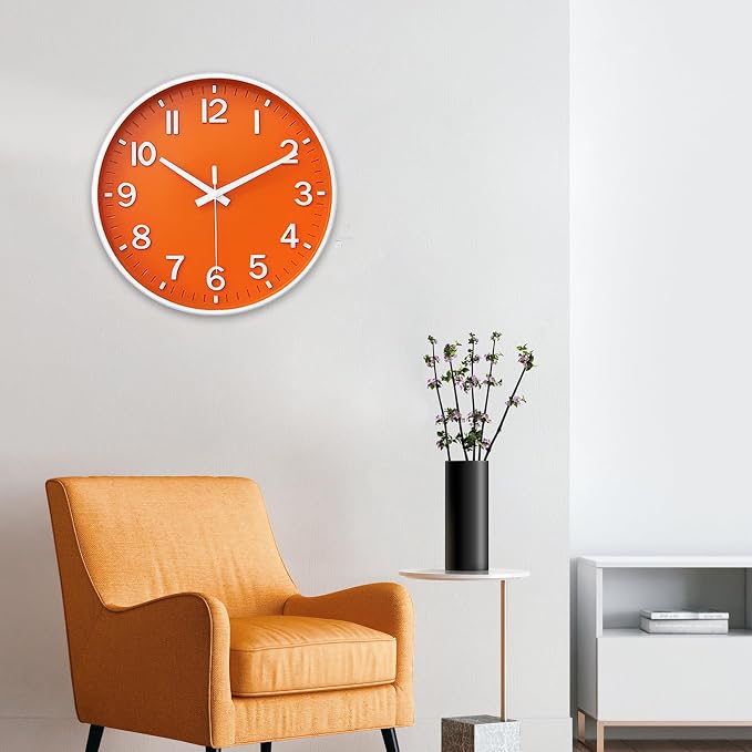 HZDHCLH Wall Clocks Battery Operated,Wall Clock Orange,12 inch Wall Clock Silent Non Ticking Modern 3D Numbers for Kitchen Bedroom Living Room Office Classroom Decor