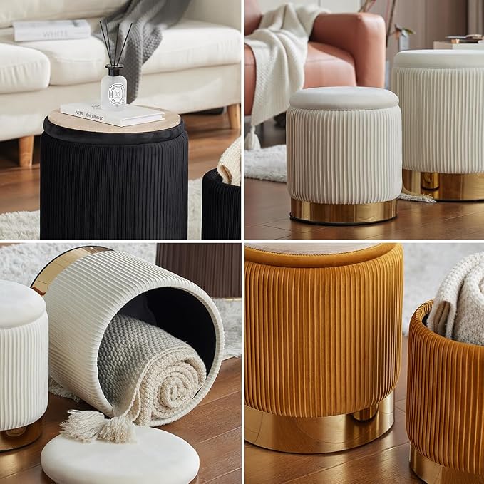YYW HOME Round Ottoman with Storage Set of 2 Velvet Yellow Foot Stool for Living Room or Dorm, Vanity Stool Chair for Bedroom Small Ottoman Coffee Table, Removable Lid, Hallway, Assembly Free