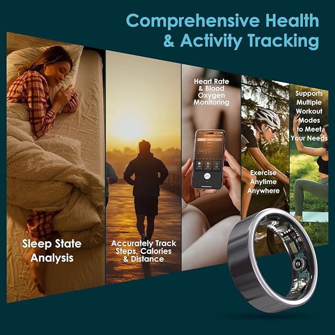 Smart Ring Health Monitoring 5ATM Waterproof Fitness Tracker with Glossy Titanium Surface Blood Oxygen/Sleep/Stress Tracking Women?™s Cycle Prediction Sport Ring Compatible with iOS/Android Ink 11