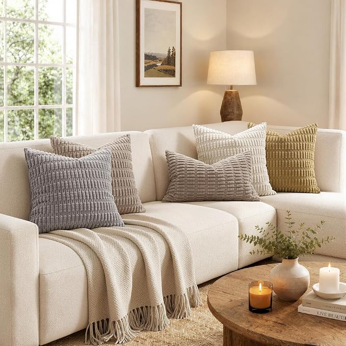 MIULEE Pack of 2 Corduroy Decorative Throw Pillow Covers 20x20 Inch Soft Boho Striped Pillow Covers Modern Farmhouse Home Decor for Sofa Living Room Couch Bed Light Brown