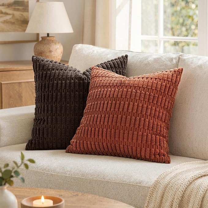 MIULEE Pack of 2 Corduroy Decorative Throw Pillow Covers 18x18 Inch Soft Boho Striped Pillow Covers Modern Farmhouse Home Decor for Sofa Living Room Couch Bed Rust
