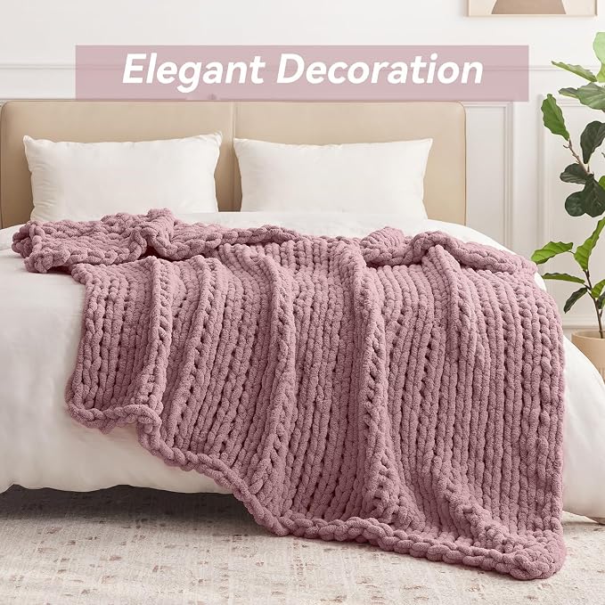 Negwoo Chunky Knit Throw Blanket, 60''*80'' Knitted Throw Chenille Yarn for Bed Couch, Handmade Muted Pink Crochet Big Thick Blanket, Machine Washable Cute Comfy Blanket for Home Decor