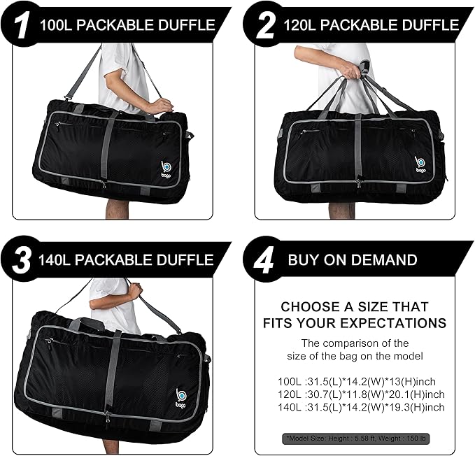 Bago Big XXL Foldable Duffel Bags for Traveling Women & Men - 140L Packable Duffle Bag for Travel with Shoe Compartment - Water Repellant, Heavy Duty, Lightweight Folding & Collapsible (SnowBlack)