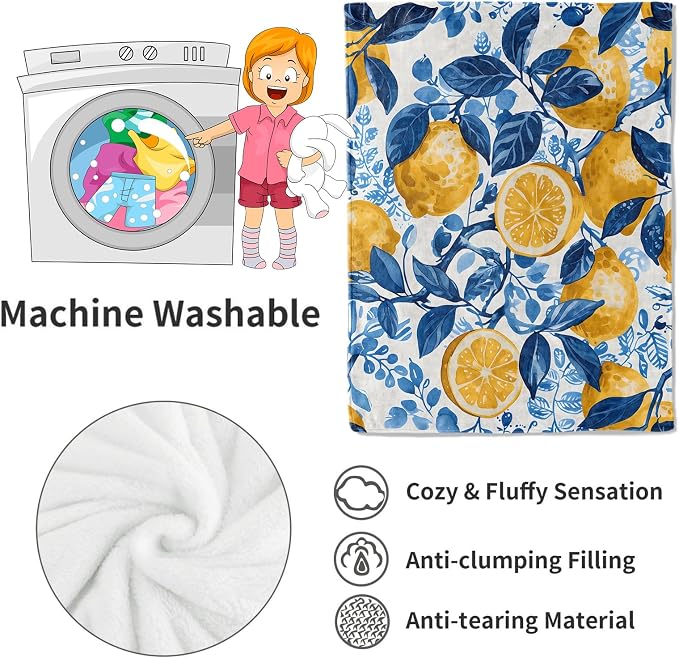 Lemon Blanket Fresh Citrus Fruit Throw Blankets with Blue Leaves,Birthday Gifts for Girls Boys Women & Food Lovers,Lightweight Soft Fleece,for Sofa Couch Bed Room Summer Decor 50x60in