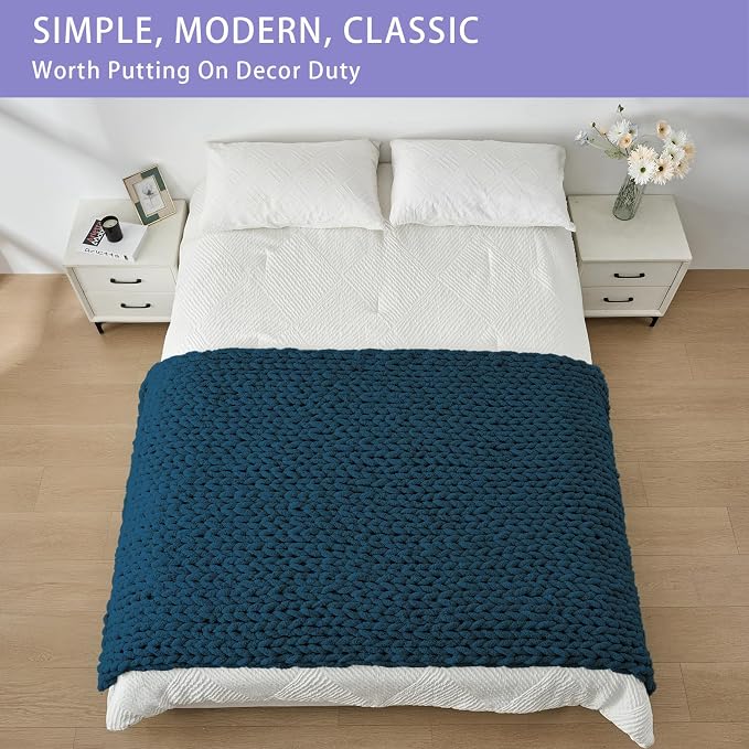 Bigacogo Chunky Knit Throw Blanket for Couch, 40x80 inches, 100% Hand Knitted with Thick Jumbo Chenille Yarn, Cozy Soft Large Rope Knot Cable Crochet Blankets for Sofa Bed Living Room, Deep Sea Blue