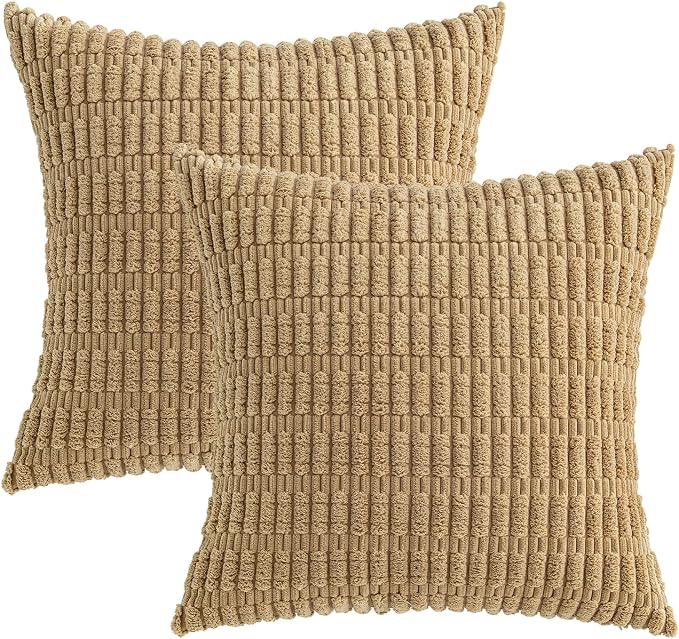 MIULEE Pack of 2 Corduroy Decorative Throw Pillow Covers 16x16 Inch Soft Boho Striped Pillow Covers Modern Farmhouse Home Decor for Sofa Living Room Couch Bed Khaki