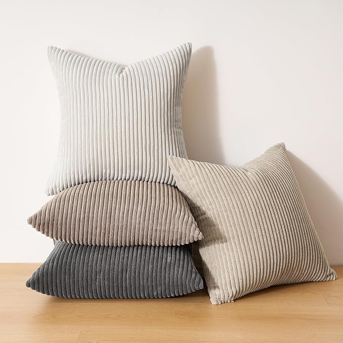 Topfinel 4 Packs Natural Decorative Throw Pillows Covers 22x22 Inch for Living Room Couch Bed Sofa, Rustic Farmhouse Boho Neutral Home Decor, Soft Plush Striped Corduroy Square Cushion Case 40x40 cm