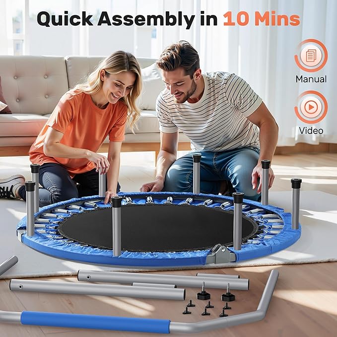 BCAN 40/48" Foldable Mini Trampoline Max Load 330lbs/440lbs, Fitness Rebounder with Adjustable Foam Handle, Exercise Trampoline for Adults Indoor/Garden Workout