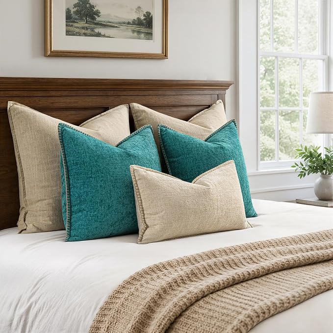 MIULEE Pack of 2 Couch Throw Pillow Covers 16x16 Inch Teal Farmhouse Decorative Pillow Covers with Stitched Edge Soft Chenille Solid Dyed Summer Pillow Covers for Sofa Bed Living Room