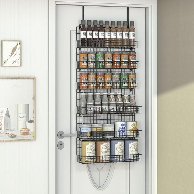 JKsmart 6-Tier Spice Rack Organizer with Door Hook, Wall Mounted & Over the Door Spice Racks for Kitchen Pantry Door Cabinet, Two Size, Large Capacity, Black