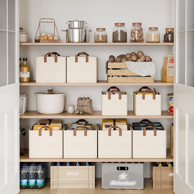 StorageWorks Storage Bins, Shelves Baskets for Organizing, Fabric Closet Organizers with Handles, Metal Frame, Beige-Texture, 2-Pack