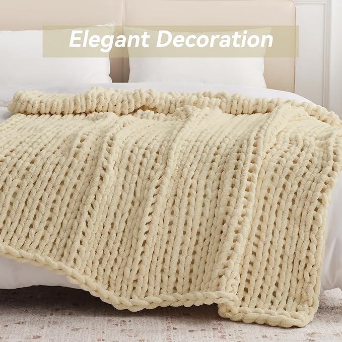 Negwoo Chunky Knit Throw Blanket, 40''*50'' Knitted Throw Chenille Yarn for Bed Couch, Handmade Oatmeal Crochet Big Thick Blanket, Machine Washable Cute Comfy Blanket for Home Decor