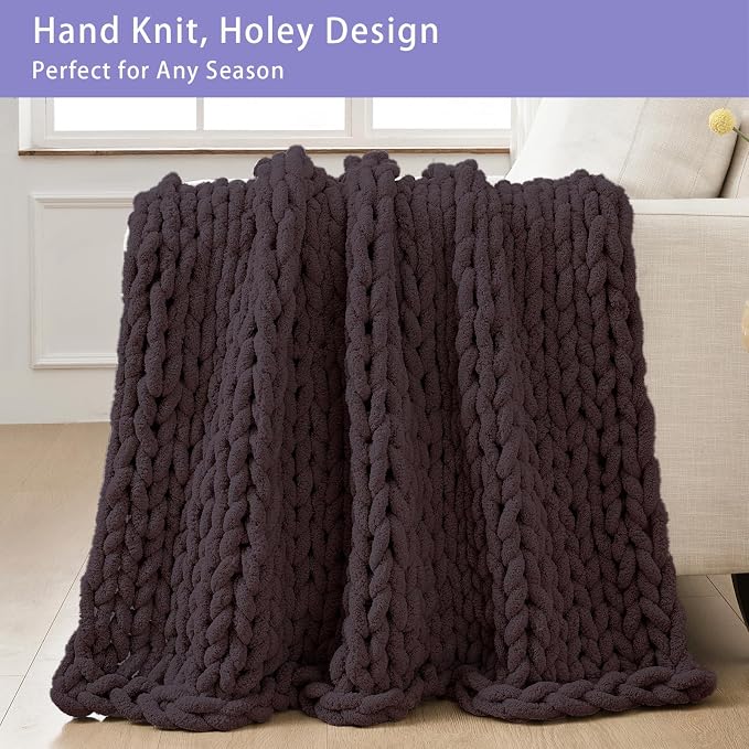 Bigacogo Chunky Knit Throw Blanket for Couch, 51x63 inches, 100% Hand Knitted with Thick Jumbo Chenille Yarn, Cozy Soft Large Rope Knot Cable Crochet Blankets for Sofa Bed Living Room, Chocolate