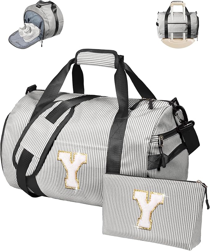 Daughter Birthday Gifts, Girl Gym Bag, Kids Monogram Overnight Duffel Bags with Shoe Compartment, Personalized Travel Bag with Makeup Pouch, Ballet Recital Gift for Teen Girls (Letter Y)