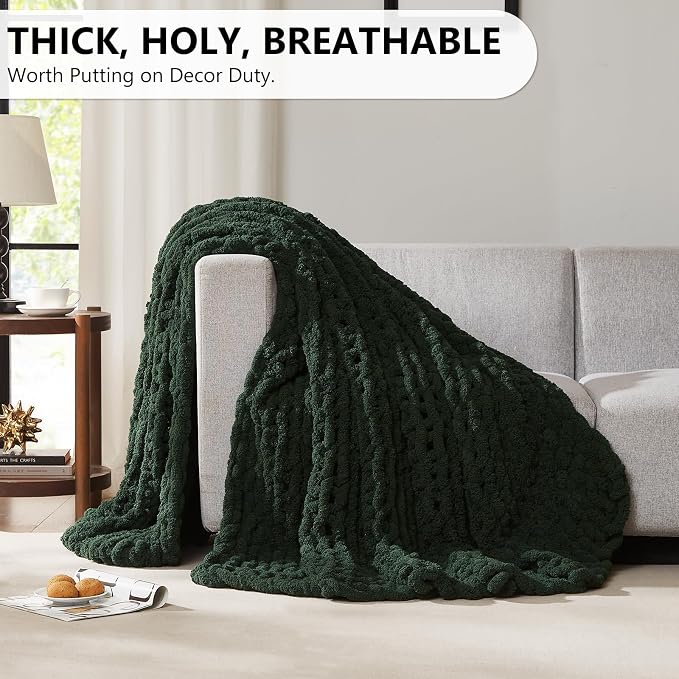 L'AGRATY Chunky Knit Blanket Throw: 72''x84'' Chenille Chunky Knitted Throw Blanket for Bed Couch - Handmade Thick Big Cable Knit Blankets - Large Crochet Rope Blanket for Home Decor(Green)
