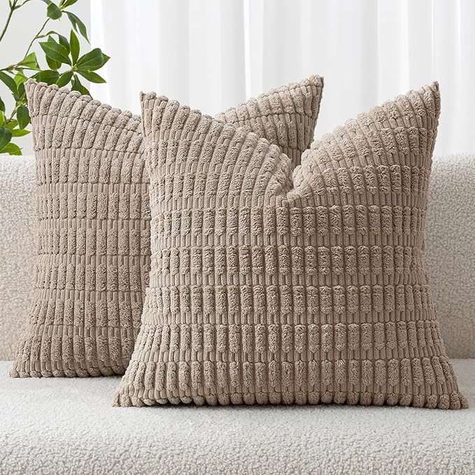 MIULEE Pack of 2 Corduroy Decorative Throw Pillow Covers 20x20 Inch Soft Boho Striped Pillow Covers Modern Farmhouse Home Decor for Sofa Living Room Couch Bed Light Brown