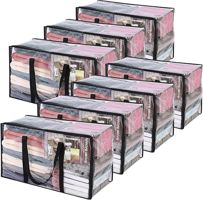 Vieshful 7 Pack Clear Comforter Storage Bag, 60L Clothes Storage Bag with Zipper Closet Organizer, Plastic Storage Containers Moving bags for Comforter, Blanket, Bedding, Duvet, Toys