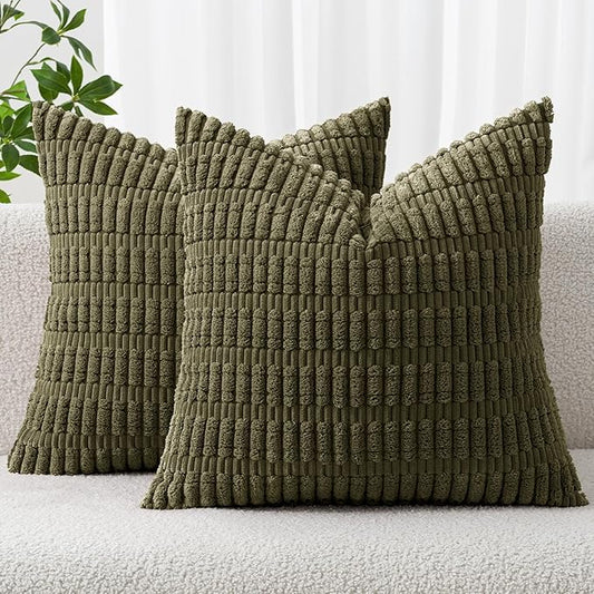 MIULEE Pack of 2 Spring Corduroy Decorative Throw Pillow Covers 18x18 Inch Soft Boho Striped Pillow Covers Modern Farmhouse Home Decor for Summer Sofa Living Room Couch Bed Olive Green