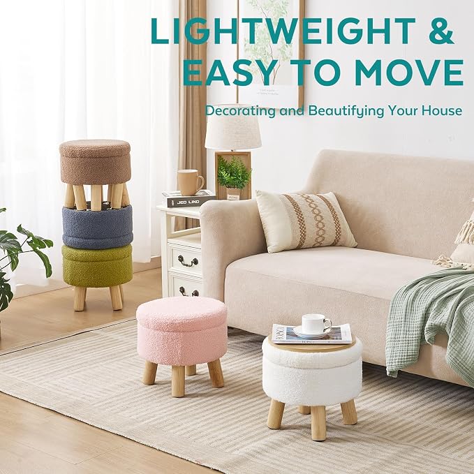 Small Foot Stool Ottoman with Storage, Sherpa Ottoman Foot Rest for Couch, Round Footstool with Storage, Small Ottomans and Footstools for Living Room and Entryway (Brown)